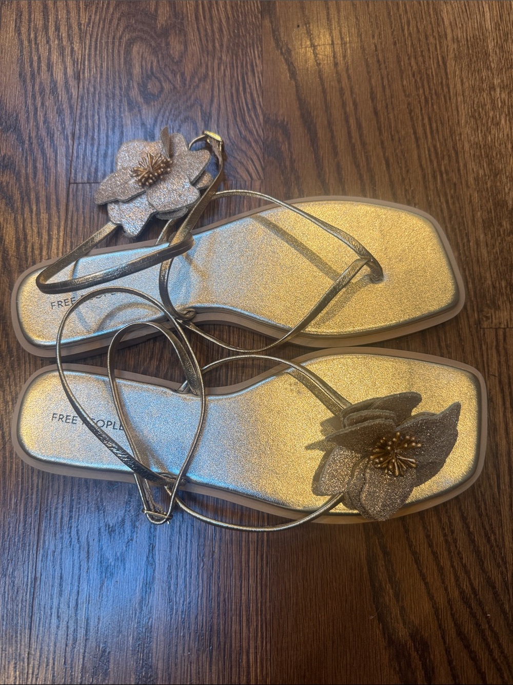 Free People Magnolia Appliqué Mis-match Gold Floral Ankle-Strap Sandals 8 - Picture 3 of 8